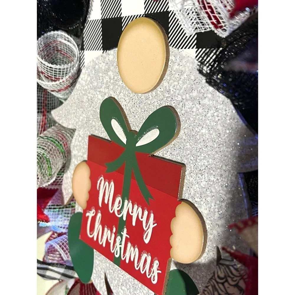 Handmade Merry Christmas Gnome Holiday Ribbon Door Wreath 22 ins W44